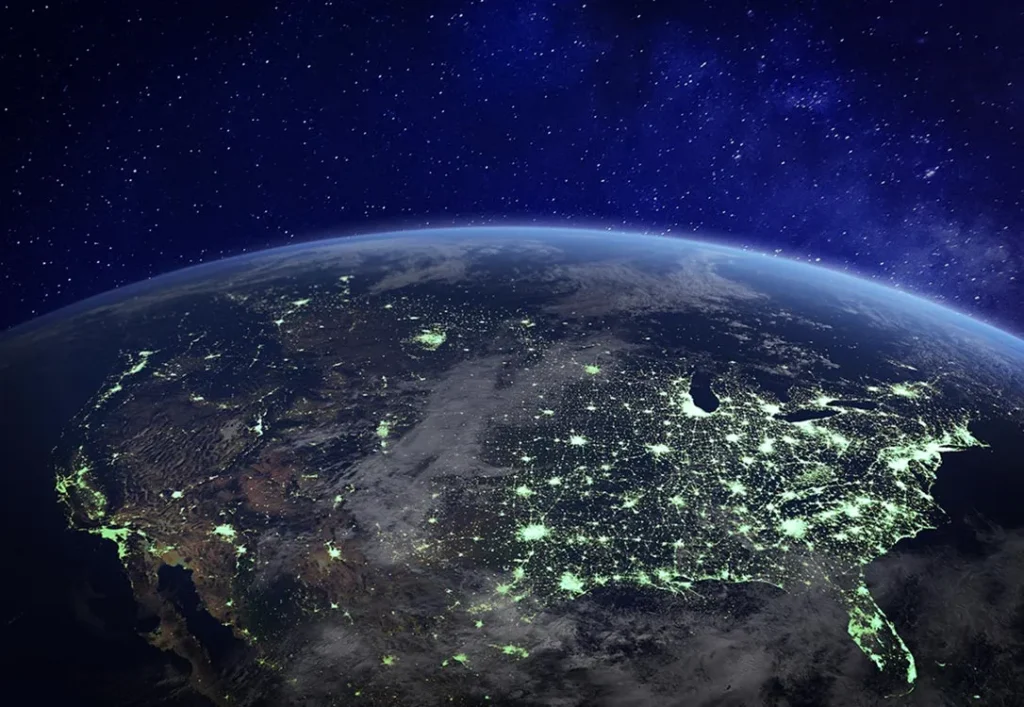 view of space of the United States at night showing population centers