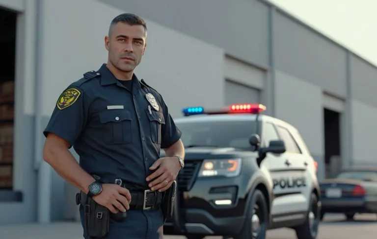 police officer standing in front of his police vehicle