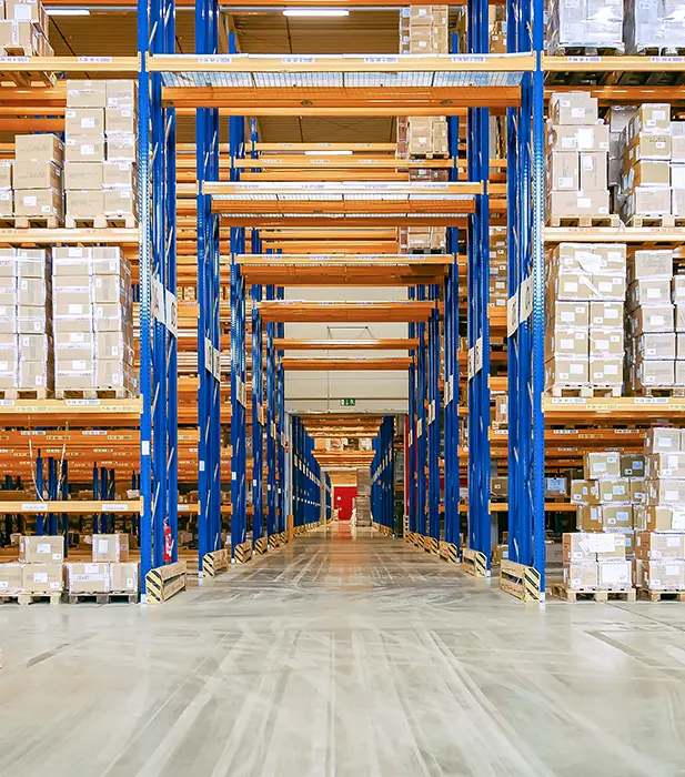 inside of a large warehouse with large shelves