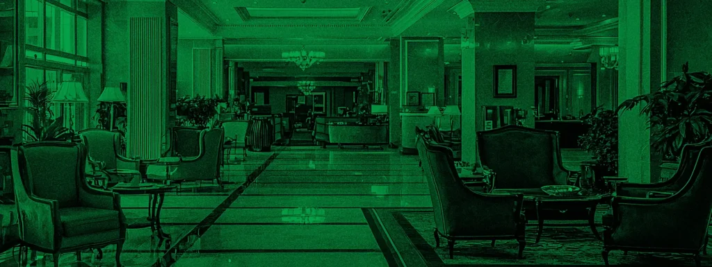 lobby of a grand hotel with a green overlay