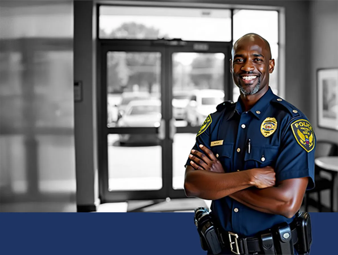 Police officer smiling and standing at his post