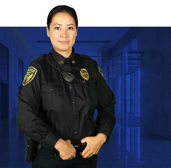 police officer standing ready blue background