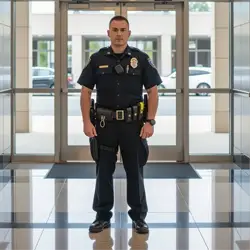 police officer standing in front of business entrance
