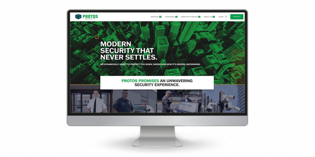 A desktop computer displaying the Protos Security homepage