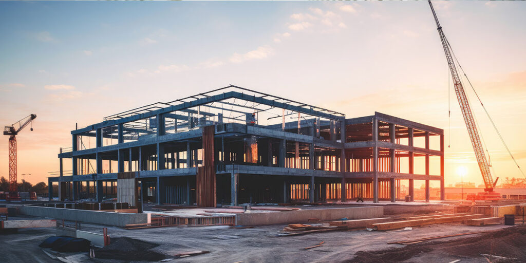A large commercial building under construction at sunset, featuring a steel frame structure with multiple floors.