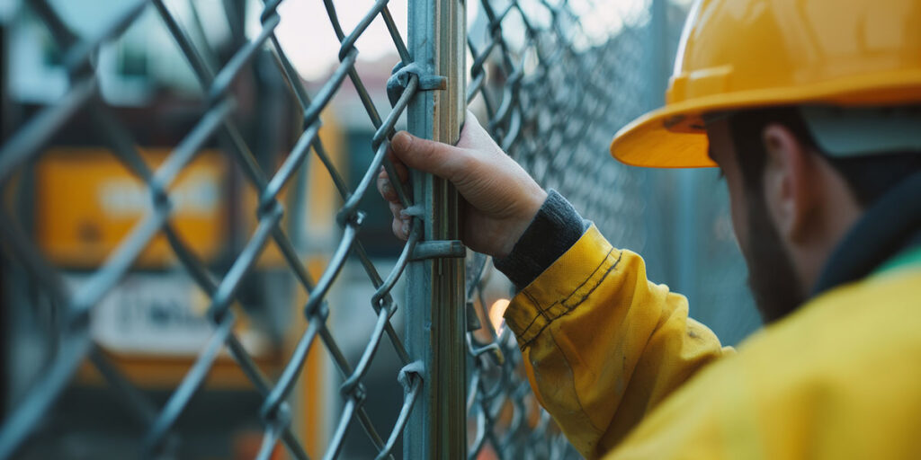 Construction worker in a yellow jacket and hard hat securing a chain-link fence at a job site, with construction equipment in the background.