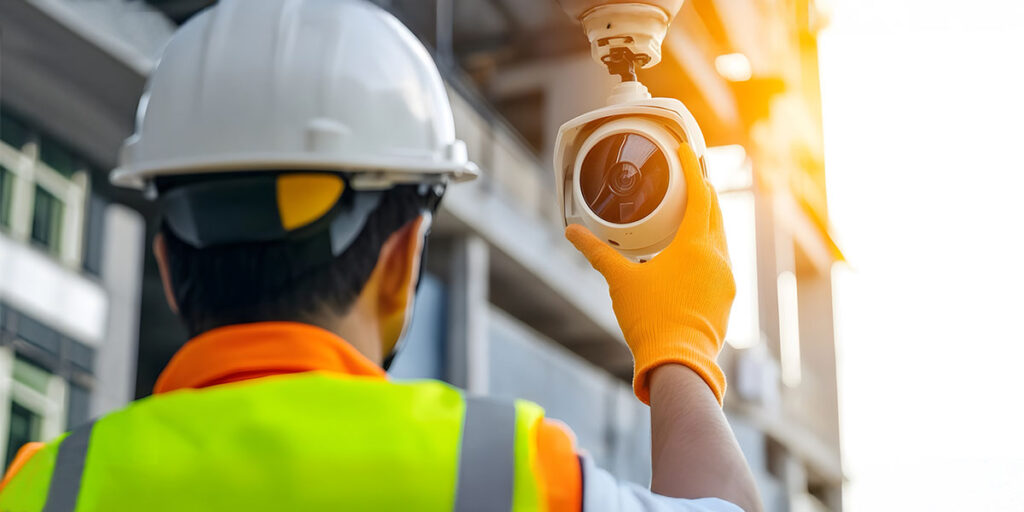 A construction worker in a hard hat installs a security camera on a building site