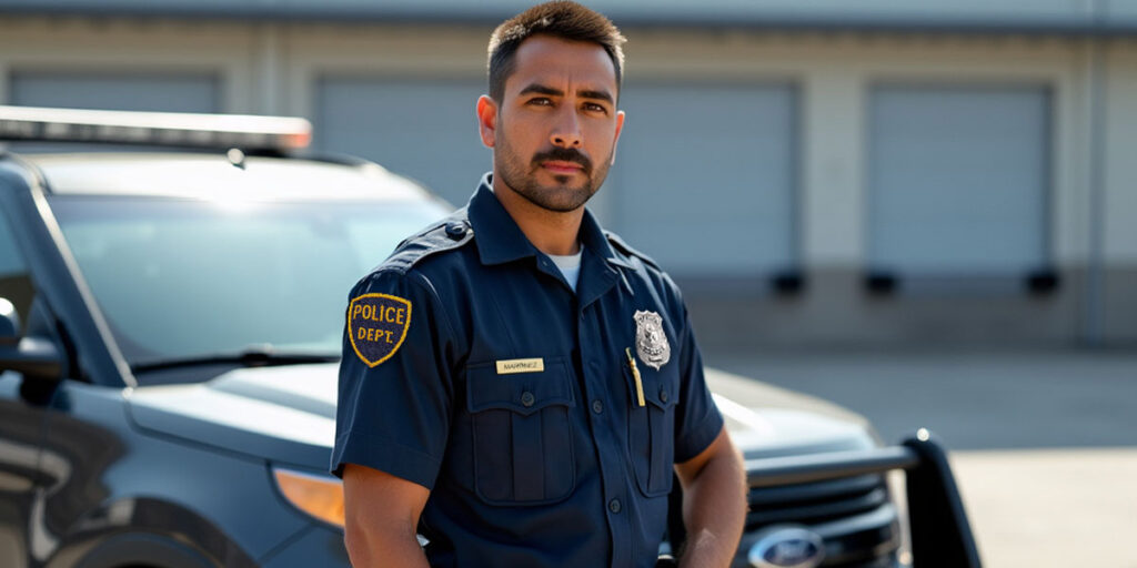 A uniformed police officer standing confidently in front of a patrol vehicle.