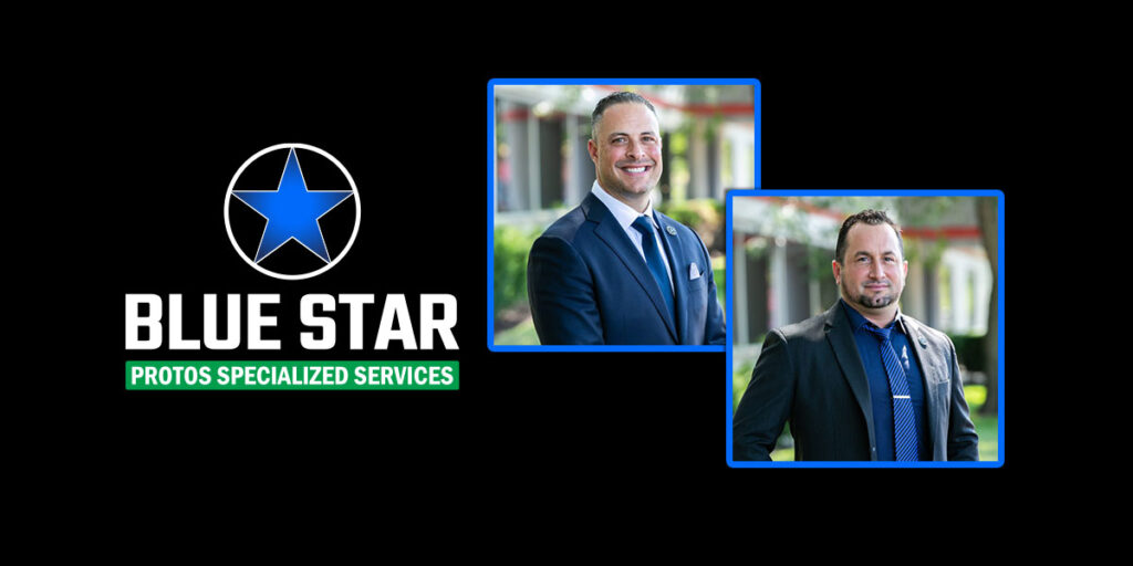 Graphic for Blue Star, part of Protos Specialized Services, featuring headshots of Jeff Salvetti and Anthony Varchetto. On the left is the Blue Star logo with a bold blue star inside a circle and the text 'Blue Star' above the 'Protos Specialized Services' logo