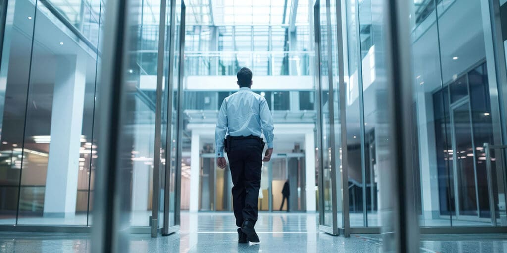 Security officer walking through glass doors inside a modern office building