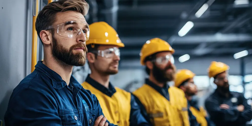 A group of male construction workers wearing safety gear, including yellow hard hats and safety glasses