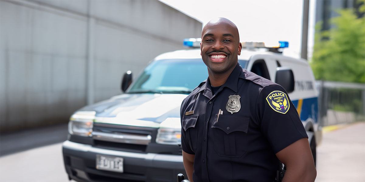A police officer stands in front of a police vehicle on a city street. He wears a dark blue uniform with a badge.