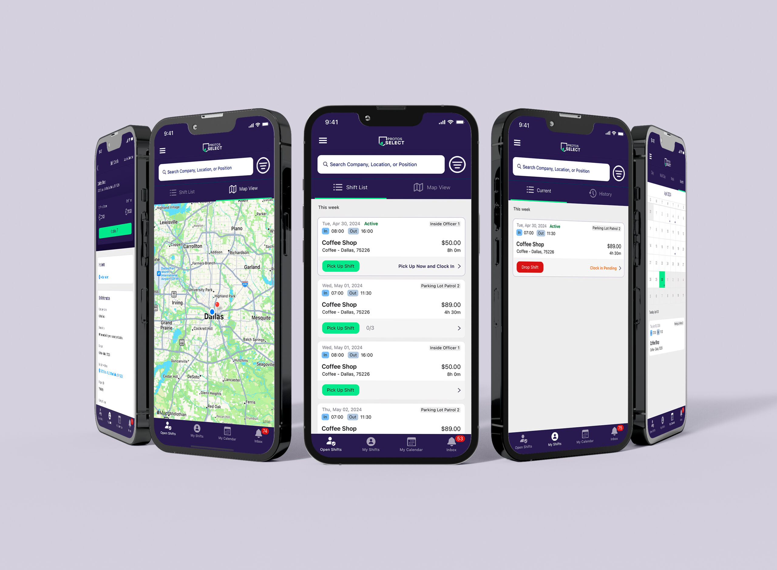 A digital mockup displaying six smartphones, each showing different screens of a mobile app interface named "Protos Select."