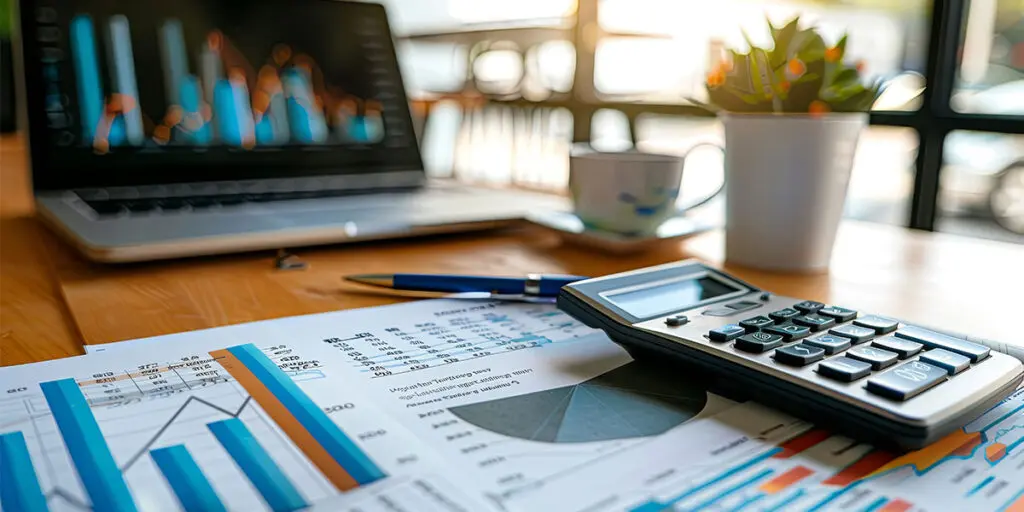 A desk setup with financial documents displaying bar graphs and pie charts, a calculator, a blue pen, a coffee cup and a laptop showing colorful data visualizations.