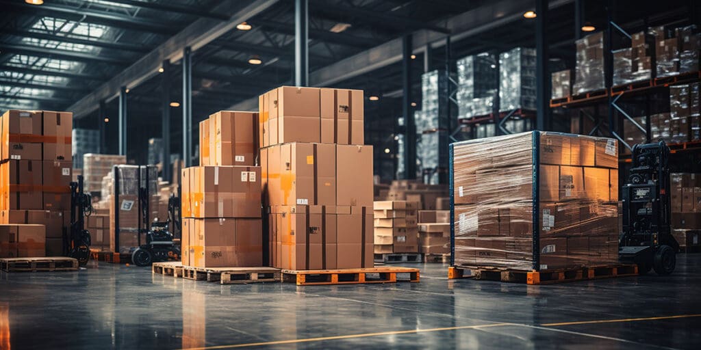 A warehouse interior with high ceilings and metal support beams. Stacks of cardboard shipping boxes sit on wooden pallets, some shrink-wrapped.