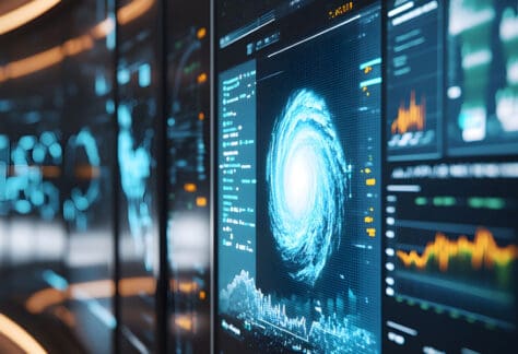 A digital display wall featuring analytics dashboards of a hurricane