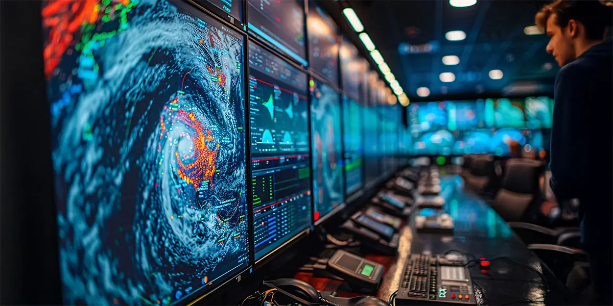 A man monitors multiple large screens displaying real-time weather data and storm tracking visualizations