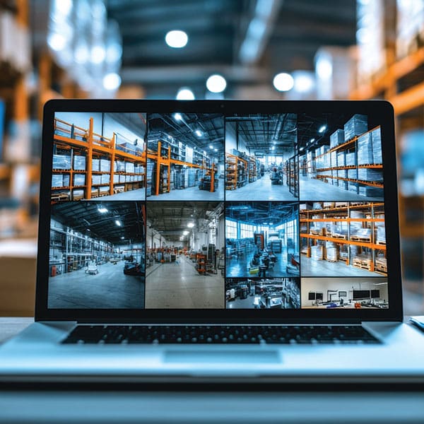 Laptop screen displaying multiple live surveillance camera feeds monitoring different sections of a warehouse