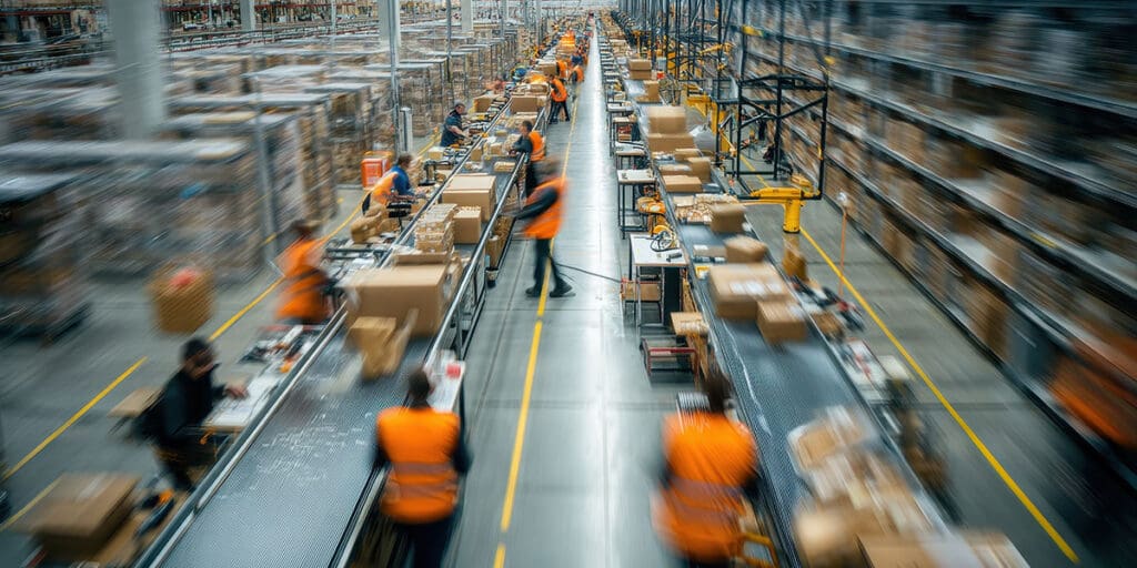 Large distribution warehouse with workers in orange safety vests processing packages