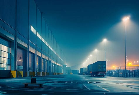 Night view of a secured warehouse and loading docks with semi-trucks under bright floodlights, highlighting logistics security and cargo protection
