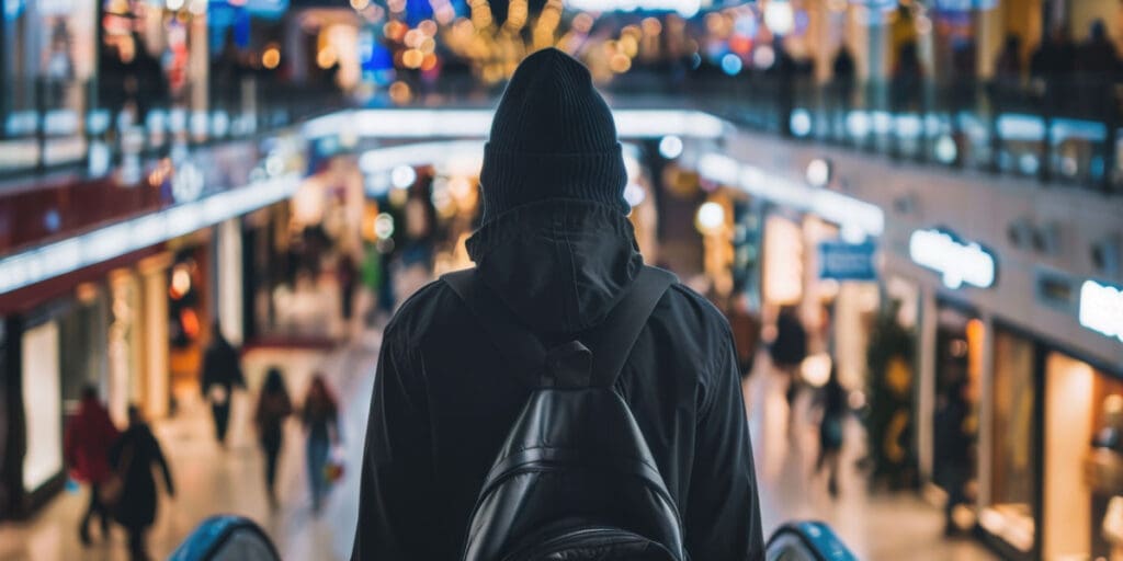 A person wearing a dark hoodie and backpack stands on an escalator overlooking a busy shopping mall filled with people