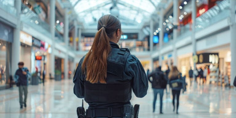 A female security officer stands inside a shopping mall