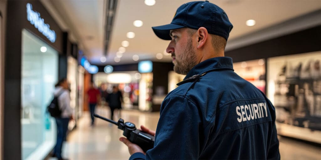 A uniformed security officer holding a radio patrol in a shopping mall