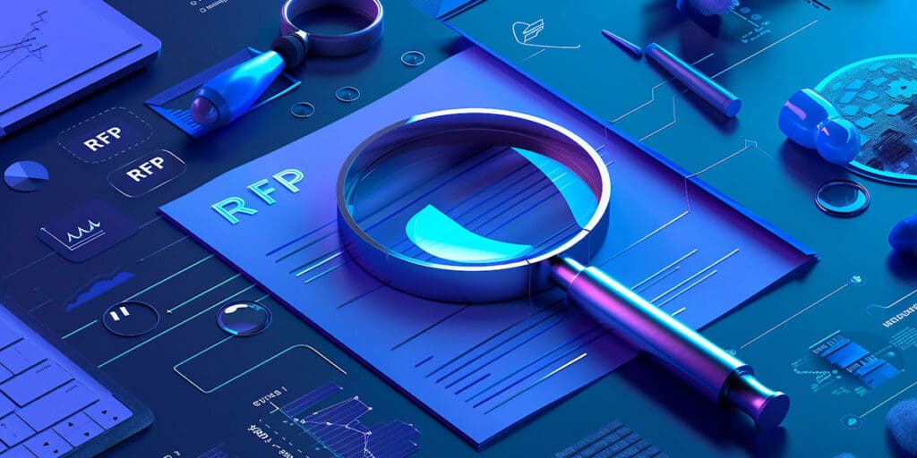 A stylized, blue-toned digital illustration featuring a large magnifying glass placed over a document labeled RFP