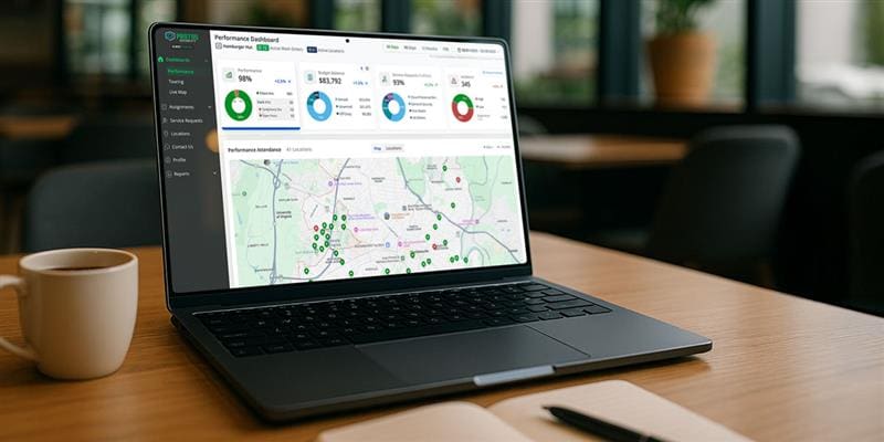A laptop open on a table displays a performance dashboard showing the Protos Client Portal with charts, metrics and a map view