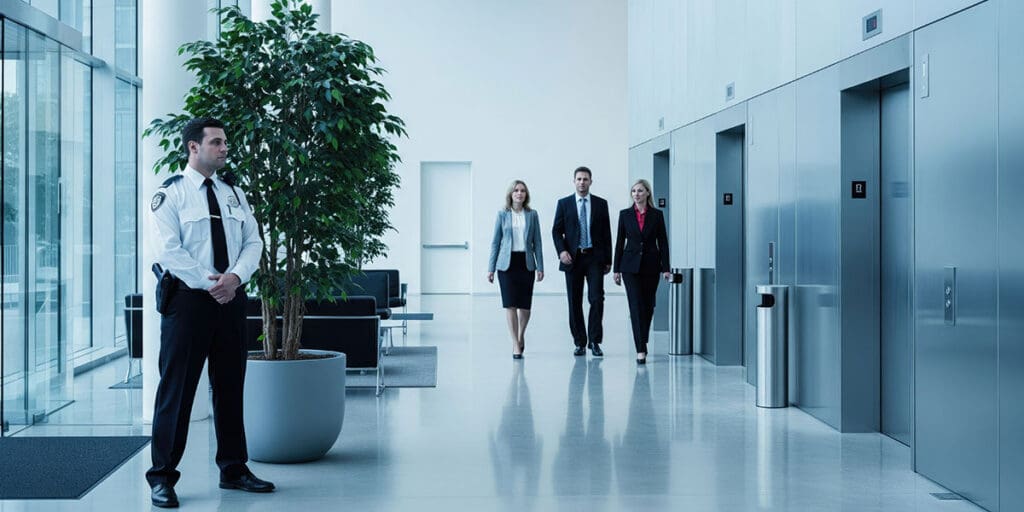 A uniformed security guard stands watch in a modern office building lobby
