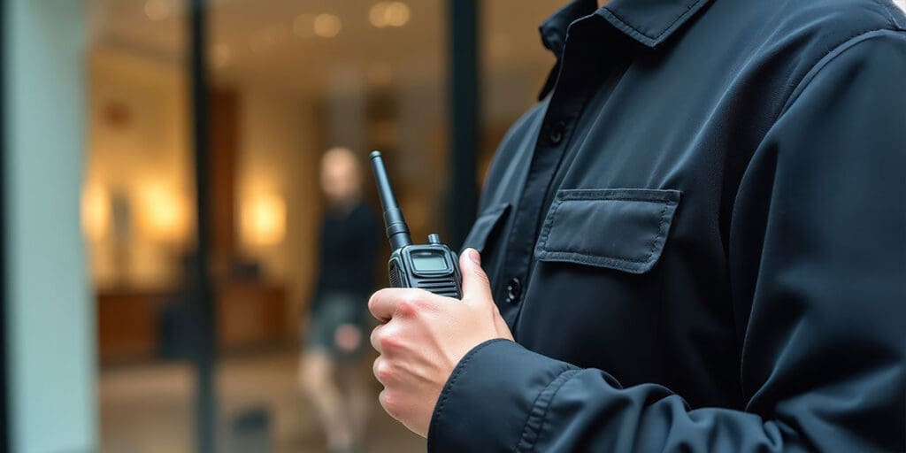Security guard holding a handheld radio while standing outside a building entrance.