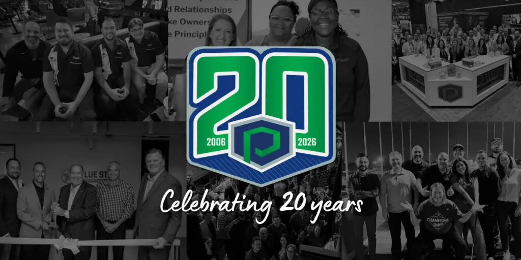 Banner celebrating Protos Security's 20th anniversary, featuring a large green and blue “20” shield logo with the years 2006 and 2026