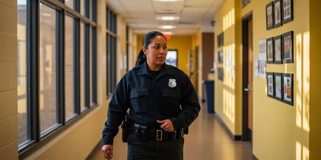 image of Female police officer in a church hallway