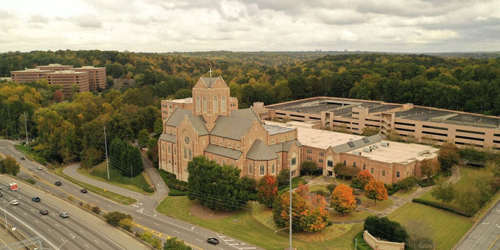 image of an aerial view of church buildings