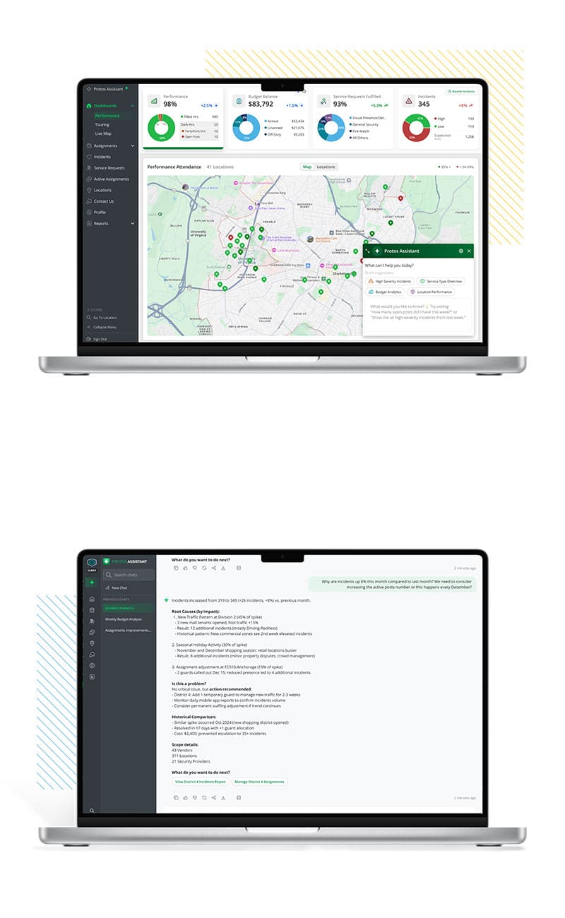2 laptop screens showing protos assistant