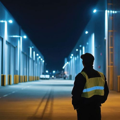 Security guard wearing a reflective vest standing outside at night, monitoring a row of illuminated warehouse buildings.