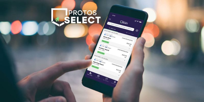 Person using the Protos Select mobile app on a smartphone to browse and select off-duty law enforcement shifts