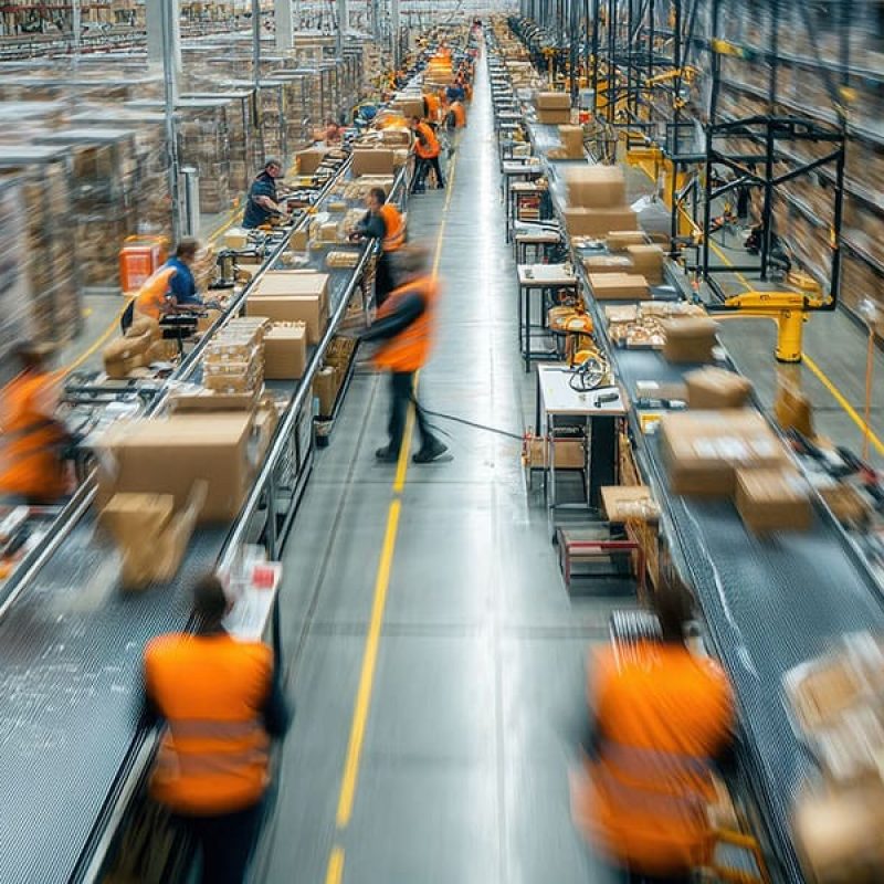 2025-0635_BLOG_DistCenters_600x1200 Large distribution warehouse with workers in orange safety vests processing packages