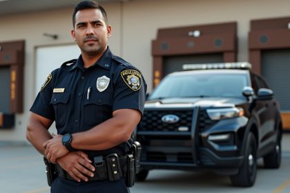 Police Officer Standing in Front of Patrol Car Police Officer Standing in Front of Patrol Car