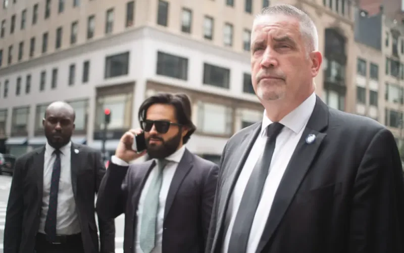 Two man executive security team standing next to client