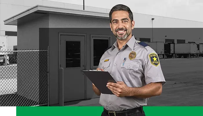 distribution-guard-house2 security officer at a warehouse in front of a security gatehouse