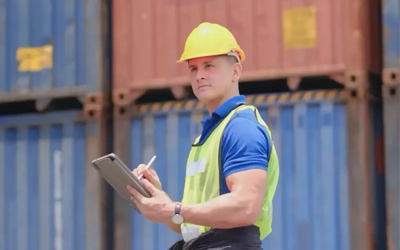 man in high visibility vest and hard hat writing on a check board in a shipping container yard